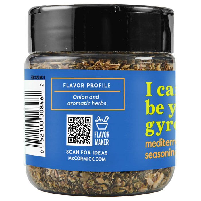 A jar of McCormick Mediterranean Seasoning with a blue label and a QR code.