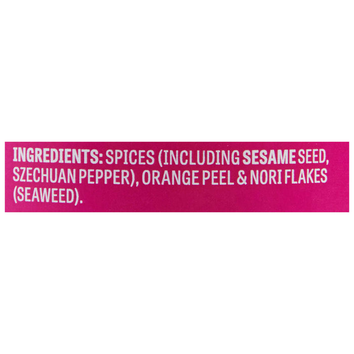 A pink label with white text listing the ingredients for a spice blend.