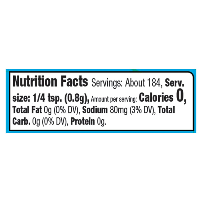 Nutrition facts label for a product with 0 calories per serving.