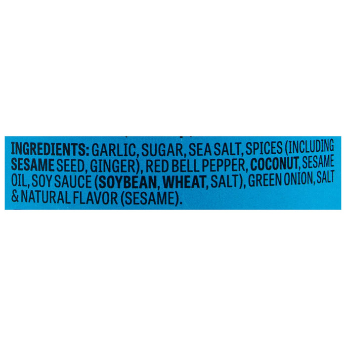 A list of ingredients for a product, including garlic, sugar, sea salt, spices, sesame seed, ginger, red bell pepper, coconut, sesame oil, soy sauce, wheat, green onion, and natural flavor.