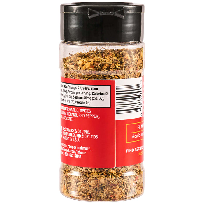 A jar of McCormick Garlic Herb and Sea Salt seasoning is shown, highlighting its ingredients and nutritional information.