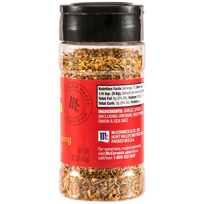 A container of McCormick Flavor Maker Italian Herb Topping is shown, highlighting its ingredients and nutritional information.