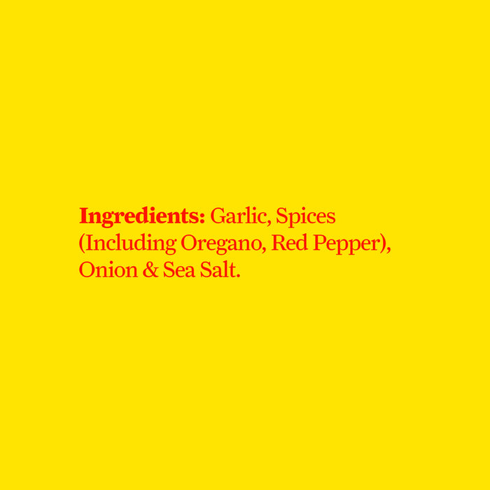 The image shows the ingredients list for a product including garlic spices oregano red pepper onion and sea salt.