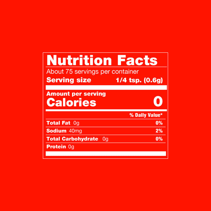 Nutrition facts label showing a serving size of 1/4 tsp (0.6g) with 0 calories 0% total fat 2% sodium 0% total carbohydrate and 0g protein.