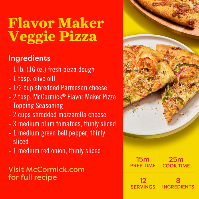 This image shows a McCormick Flavor Maker Veggie Pizza recipe with a list of ingredients preparation and cooking times and a photo of the finished pizza.