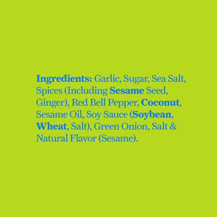 The image lists the ingredients of a product including garlic sugar sea salt spices red bell pepper coconut sesame oil soy sauce green onion salt and natural flavor.