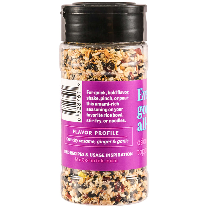 A bottle of McCormick Everything Good Asian Topping seasoning with a black lid and a purple label.