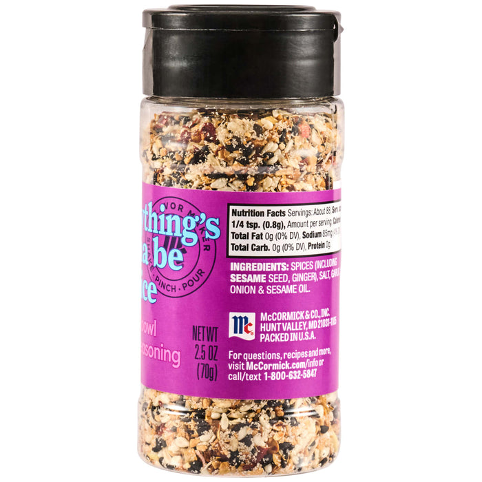 A jar of McCormick Everything Bagel Seasoning with a black lid and a purple label.
