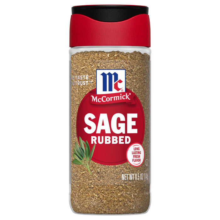 A bottle of McCormick Sage Rubbed seasoning.