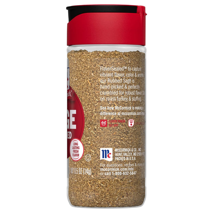A bottle of McCormick Rubbed Sage seasoning.