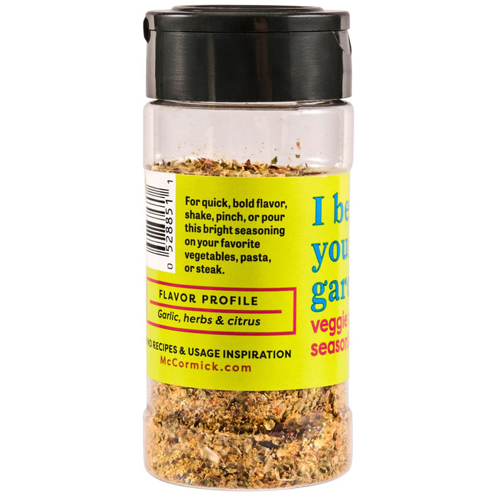 A container of McCormick garlic, herbs, and citrus veggie seasoning.