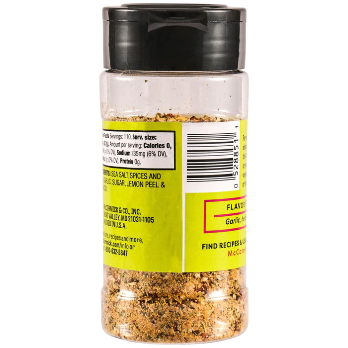 A container of McCormick Garlic Herb Seasoning with a black lid and a yellow label.