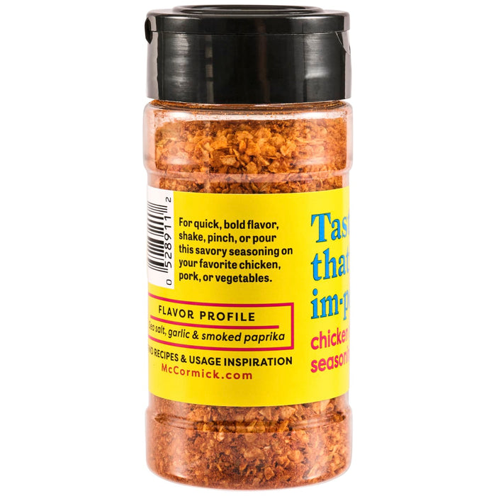 A container of McCormick's Tasty Thyme Improv Chicken Seasoning, featuring a blend of sea salt, garlic, and smoked paprika.