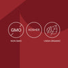 An infographic with icons shows that the Mccormick Gourmet, 0.42 Oz is Non-GMO, Kosher, and USDA Organic.