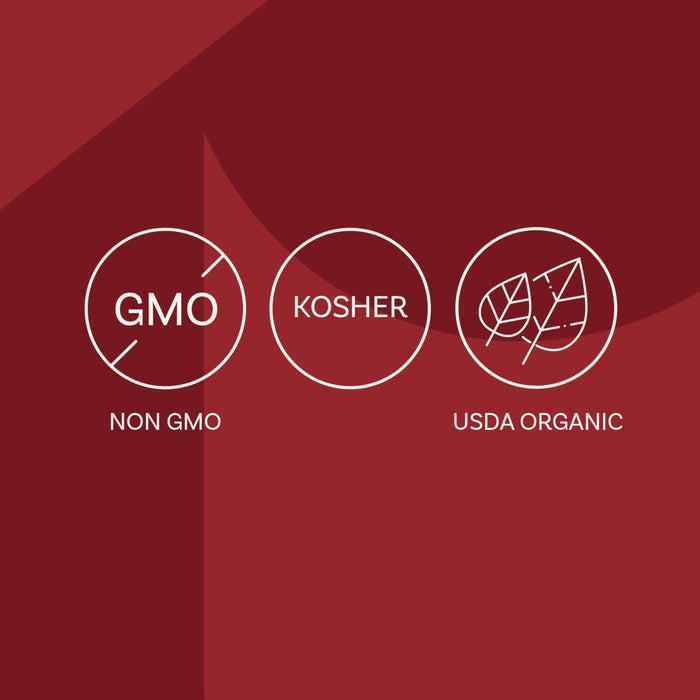 An infographic with icons shows that the Mccormick Gourmet, 0.42 Oz is Non-GMO, Kosher, and USDA Organic.