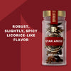 A jar of Mccormick Gourmet, 0.42 Oz Star Anise is shown against a red background, with text on the left describing its robust, slightly, spicy licorice-like flavor.