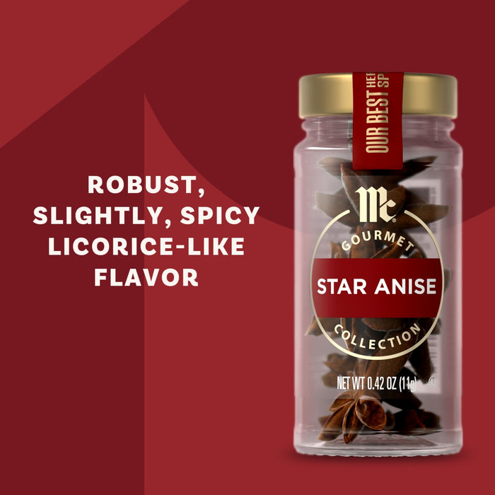 A jar of Mccormick Gourmet, 0.42 Oz Star Anise is shown against a red background, with text on the left describing its robust, slightly, spicy licorice-like flavor.