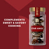 A jar of Mccormick Gourmet, 0.42 Oz Star Anise is displayed against a red background, with text highlighting how it complements sweet and savory cooking.