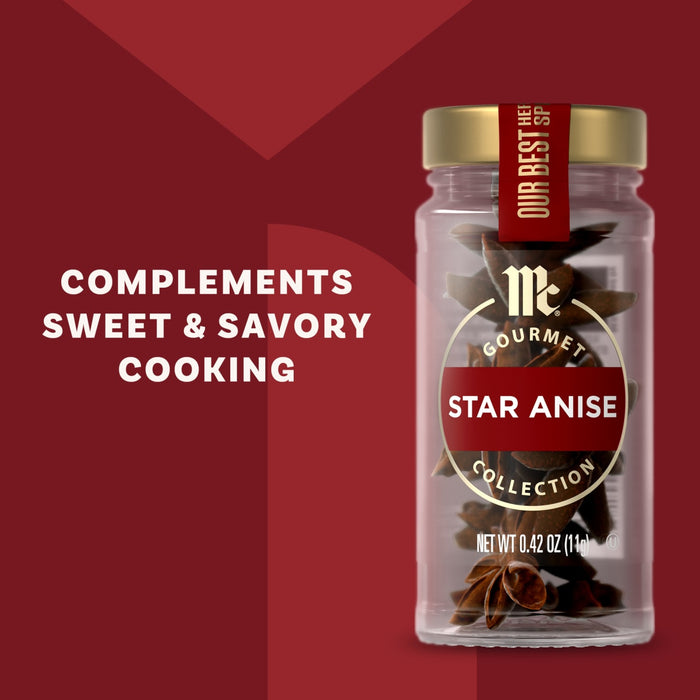 A jar of Mccormick Gourmet, 0.42 Oz Star Anise is displayed against a red background, with text highlighting how it complements sweet and savory cooking.