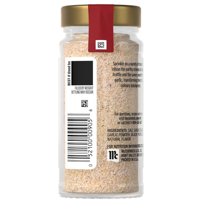 The back of a glass jar of Mccormick Gourmet, 2.25 Oz, showing the ingredients list which includes salt, garlic, and black truffle, along with usage suggestions.