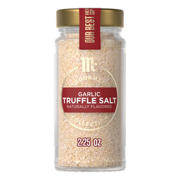 A clear glass jar of Mccormick Gourmet Garlic Truffle Salt, 2.25 Oz, is shown against a white background.