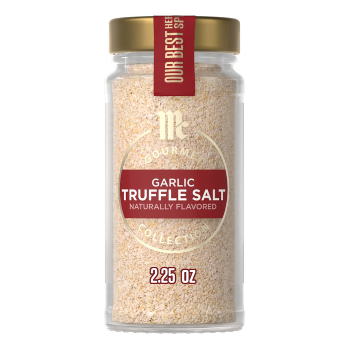 A clear glass jar of Mccormick Gourmet Garlic Truffle Salt, 2.25 Oz, is shown against a white background.