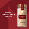 A bottle of Mccormick Gourmet Garlic Truffle Salt, 2.25 Oz is shown against a red background with text that reads, Unique, complex umami flavor.