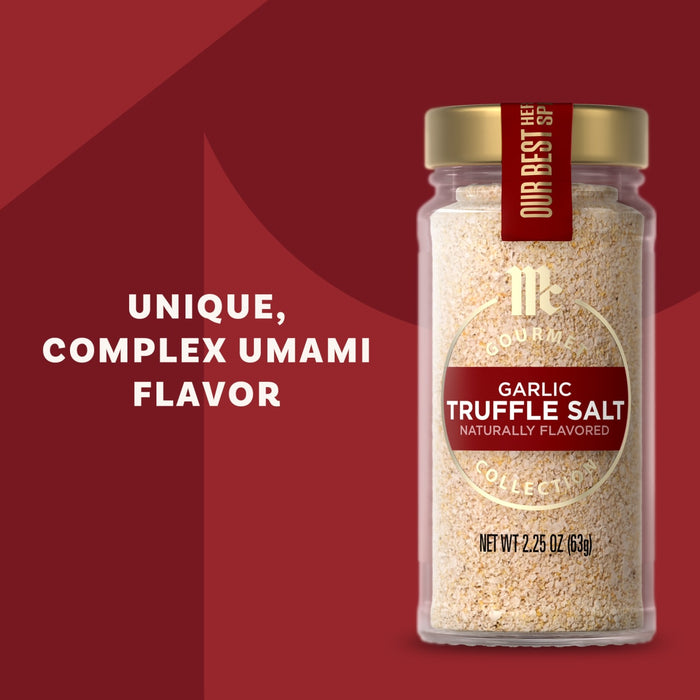 A bottle of Mccormick Gourmet Garlic Truffle Salt, 2.25 Oz is shown against a red background with text that reads, Unique, complex umami flavor.