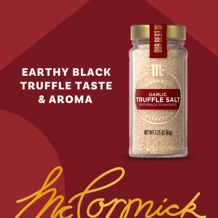 A jar of Mccormick Gourmet Garlic Truffle Salt, 2.25 Oz is displayed against a red background with the text Earthy black truffle taste &amp; aroma to describe its flavor profile.