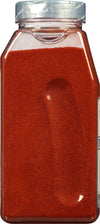 A clear plastic jar filled with red paprika.