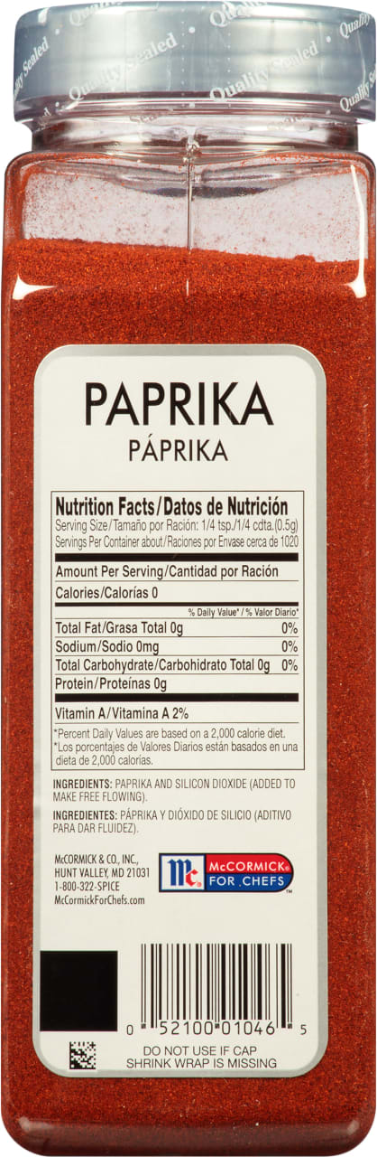 A McCormick for Chefs Paprika spice jar with nutrition facts and ingredients listed on the label.