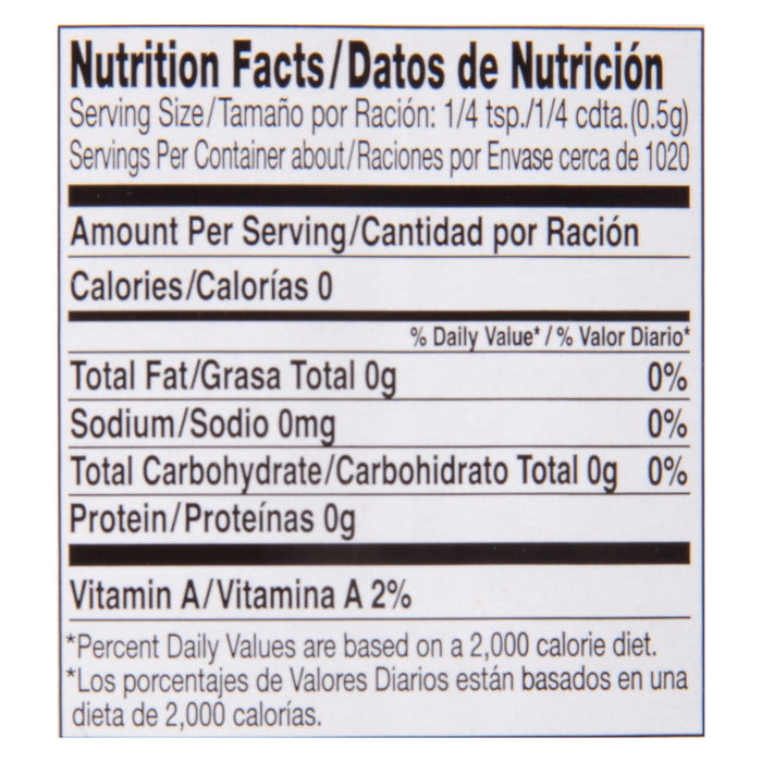 Nutrition facts label for a product with 0 calories per serving.