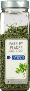 A jar of McCormick Culinary Parsley Flakes.
