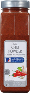 A container of McCormick Culinary Dark Chili Powder.