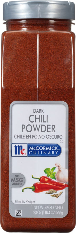 A container of McCormick Culinary Dark Chili Powder.