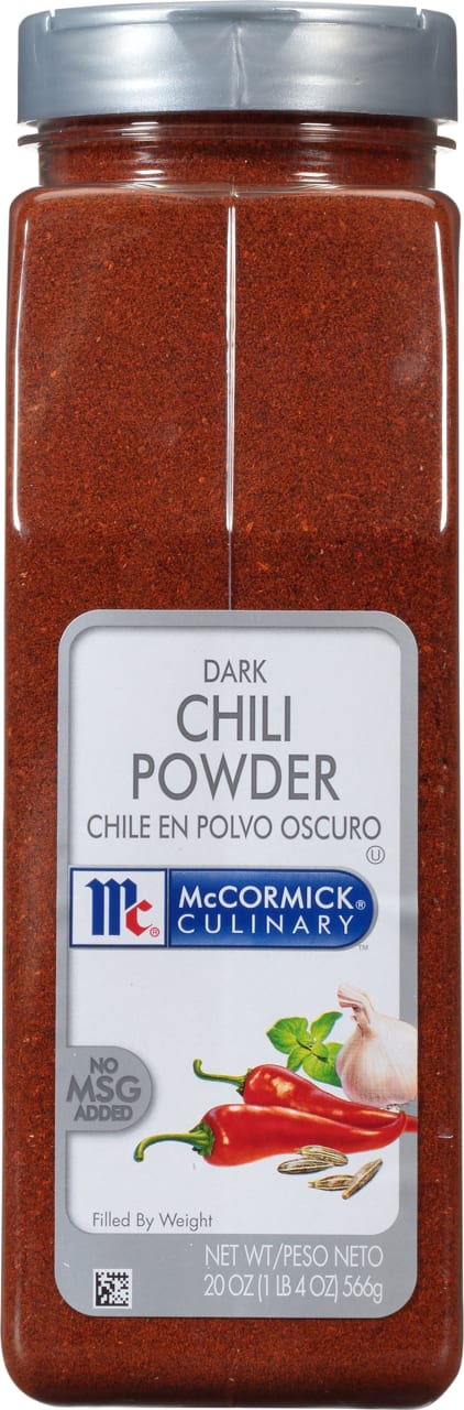 A container of McCormick Culinary Dark Chili Powder.