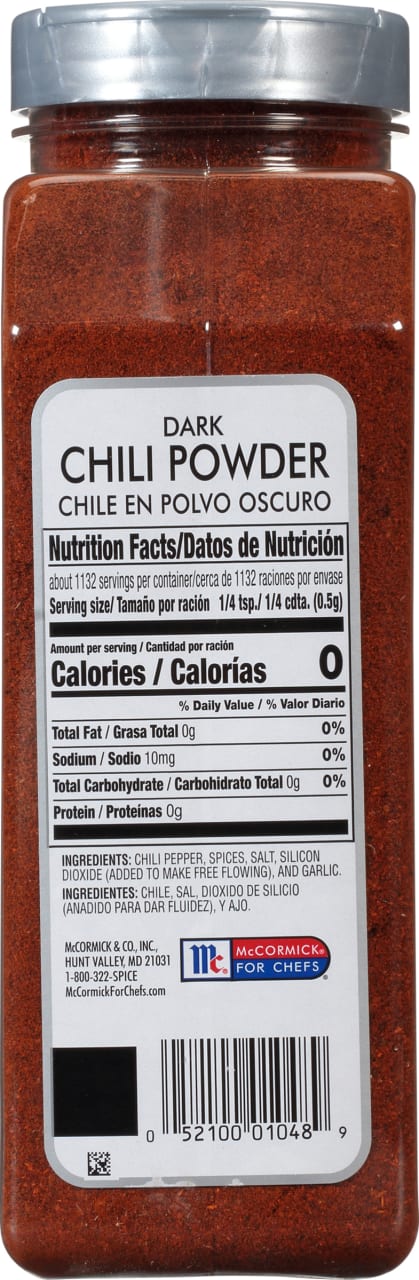 A container of McCormick for Chefs Dark Chili Powder.