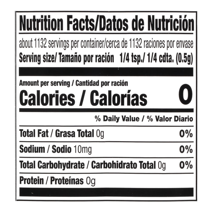 Nutrition facts label for a product with 0 calories per serving.