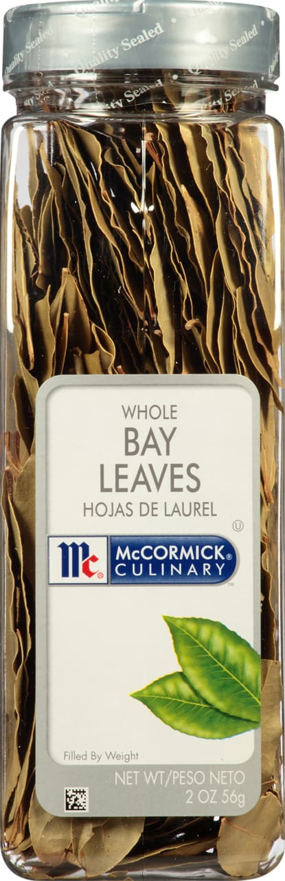 A jar of McCormick Culinary Whole Bay Leaves.