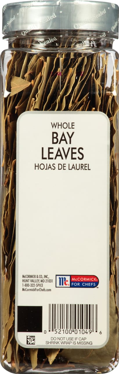 A jar of McCormick Whole Bay Leaves for Chefs.