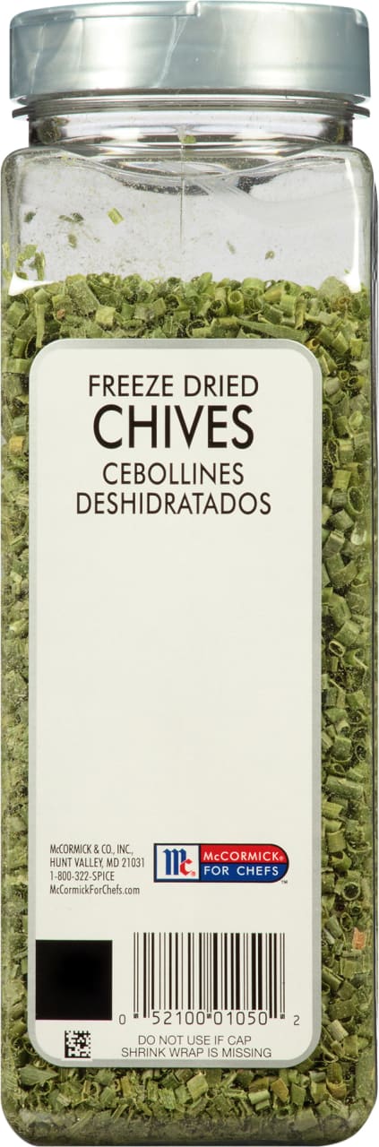 A jar of McCormick For Chefs Freeze Dried Chives.