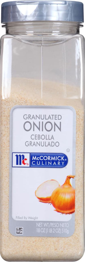 A container of McCormick Culinary Granulated Onion.