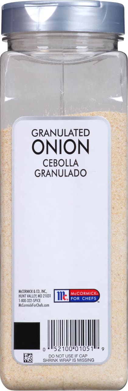 A container of McCormick For Chefs Granulated Onion.