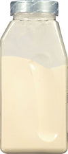 A clear plastic jar with a silver lid filled with a white powder.