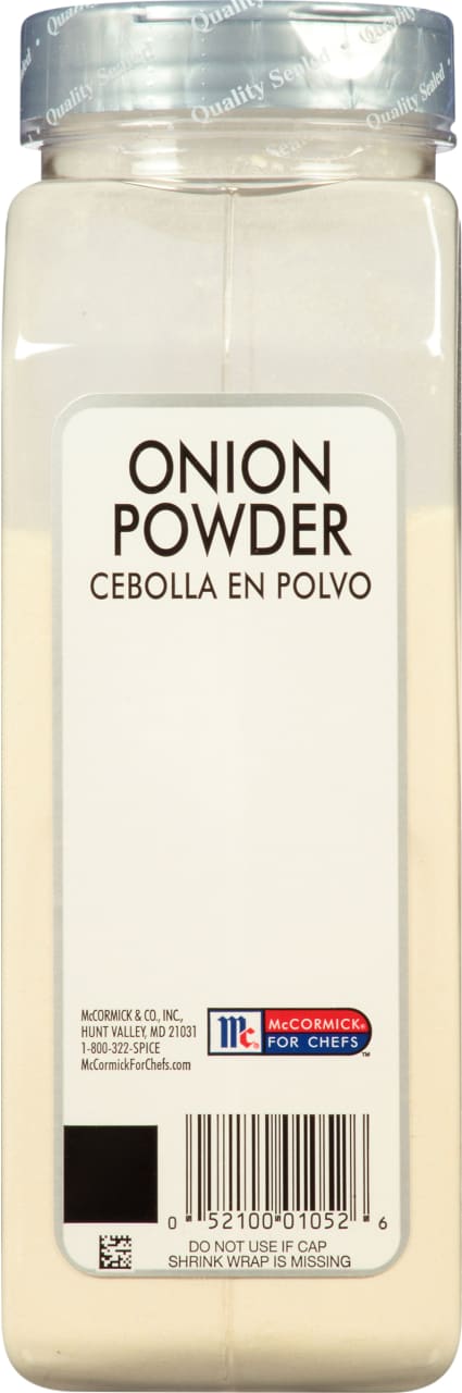 A McCormick For Chefs Onion Powder container.