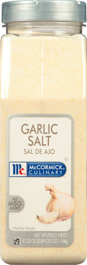 A container of McCormick Culinary Garlic Salt.