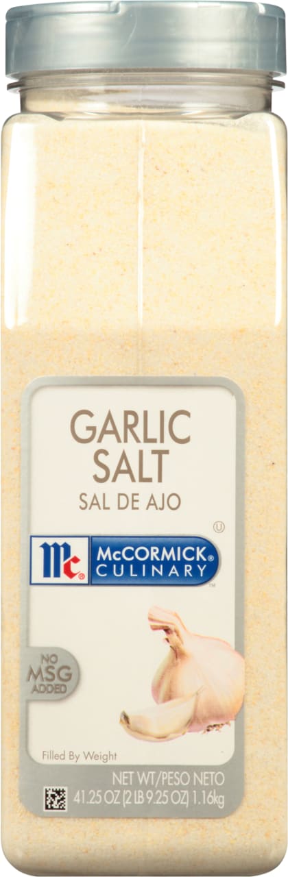 A container of McCormick Culinary Garlic Salt.
