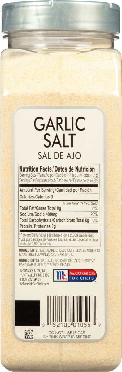A container of McCormick Garlic Salt for Chefs.