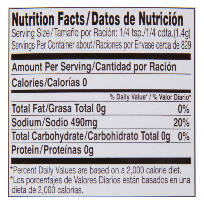 Nutrition facts label for a product with 0 calories, 0g fat, 490mg sodium, 0g carbohydrates, and 0g protein.