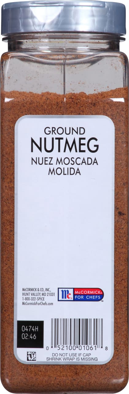 A container of McCormick Ground Nutmeg for Chefs.